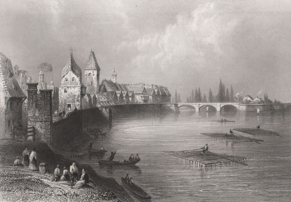 Walls and bridge of Ulm, Baden-Württemberg. Danube Donau. BARTLETT 1840 print